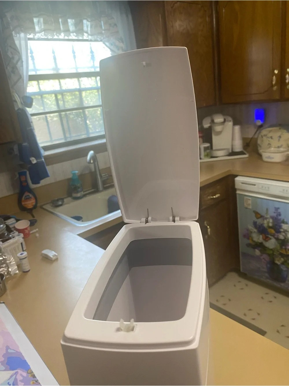 White Plastic Bathroom Trash & Toilet Brush.  Slim design.